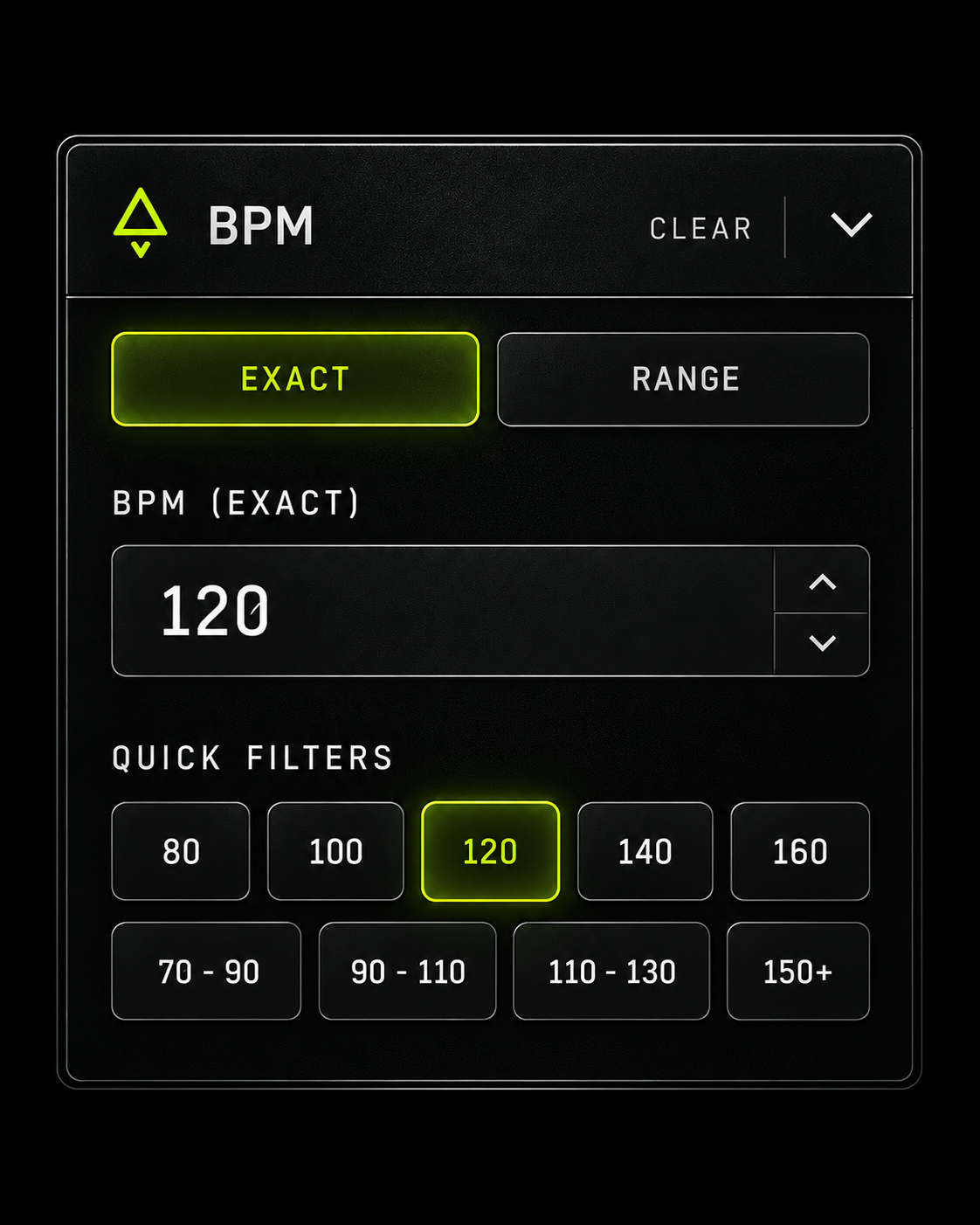 VAULT BPM filter with exact and range modes, tempo controls, and quick filters
